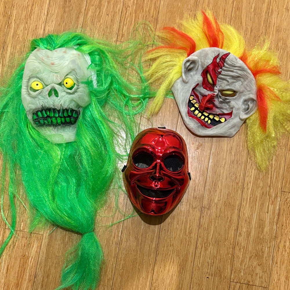 Set of Three Halloween Masks - Vintage Green Skeleton, Red Joker, Scary Clown